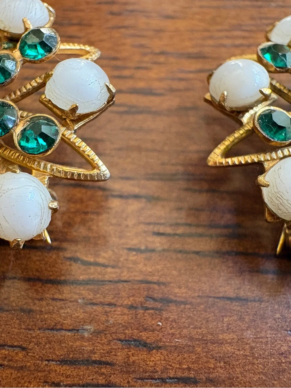 Vintage Gold-Tone Green Crystal and White Stone Floral like Brooch  - Set of 2